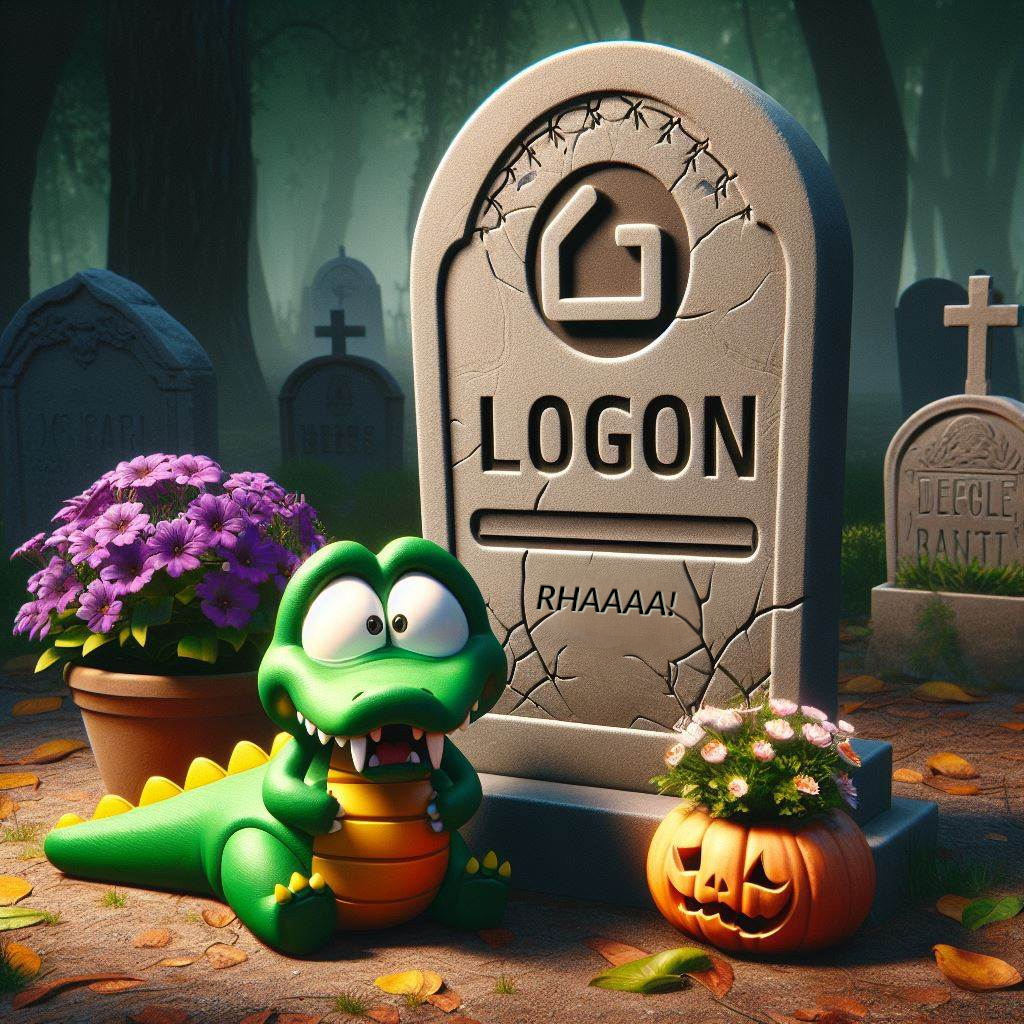 Une pierre tombale sur laquelle il est marqué "Logon" et devant laquelle un crocodile rigolo pleure